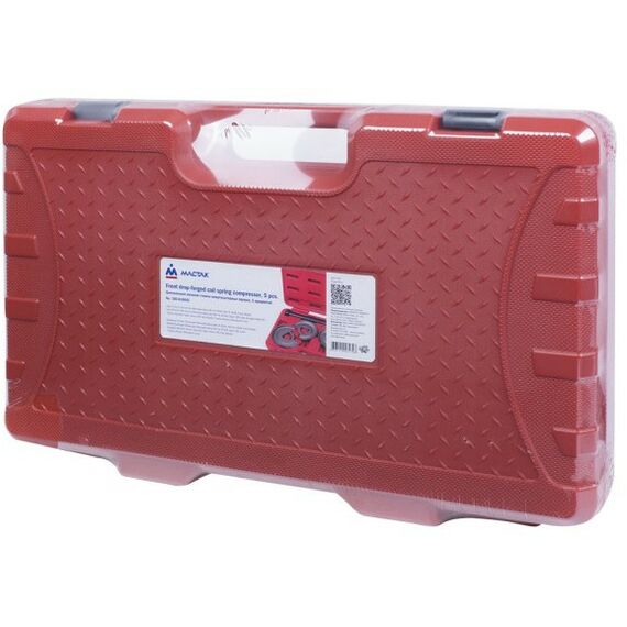 Демонтажный инструмент: Стяжка амортизаторных пружин МАСТАК 100-01005C центральная, кованая, дисковые держатели, кейс, 5 предметов фотографии