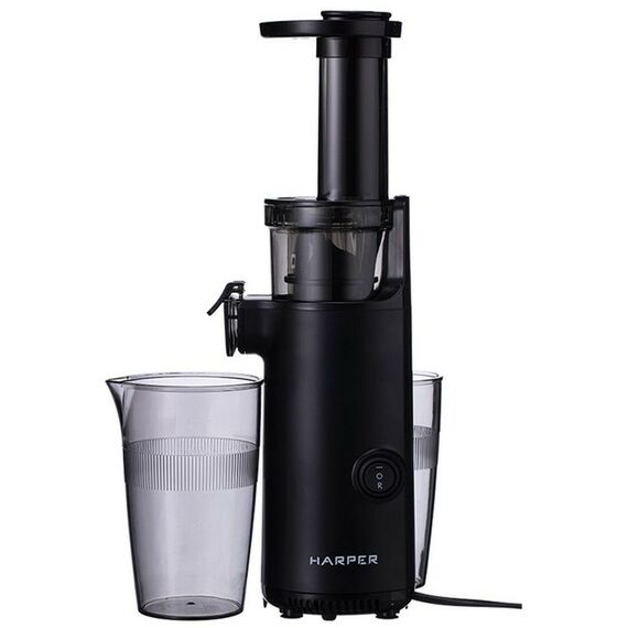 Соковыжималки: Соковыжималка шнековая HARPER HJE-S01 Black 130Вт, реверс, скорость отжима 50-70 об/мин, емкость для сока 600мл, емкость для жмыха 450 мл фотографии
