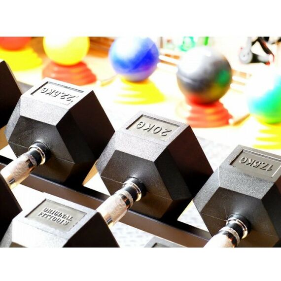 Гантели: Гантель гексагональная Original FitTools FT-HEX-30 обрезиненная, хромированная ручка, 30 кг фотографии