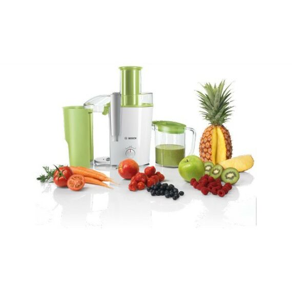 Соковыжималки: Соковыжималка BOSCH MES25G0 700Вт, цвет: белый/ зеленый, 2 скорости, широкое загр. отверстие 73мм, капля-стоп, емкость для сока 1,25л, съемный контейнер для жмыха 2л, система защитной блокировки фотографии
