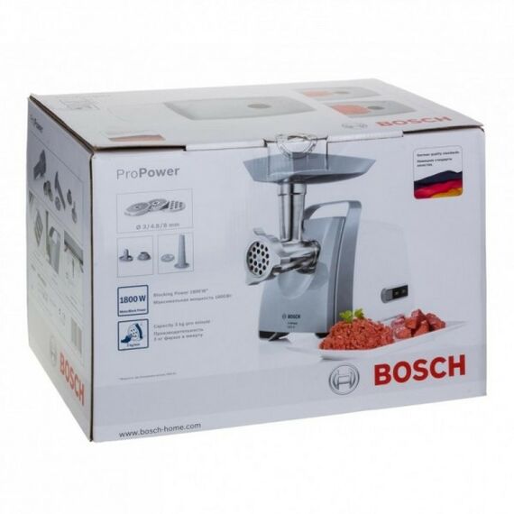 Мясорубки: Мясорубка BOSCH MFW66020 600/1800Вт, 3 кг/мин, цвет белый/серый фронт, реверс, ручка для переноски, отсек для хранения дисков фотографии