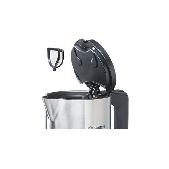 Чайники, термопоты: Чайник BOSCH TWK8611P Styline цвет белый, 2400Вт, пластиковый корпус с двойными стенками, внешняя отделка - нерж сталь/пластик, центр.контакт, плоский элемент, фильтр нерж.ст, электронная панель управления, выбор температуры нагрева 70-80-90-100°С, режим поддержания температуры фотографии