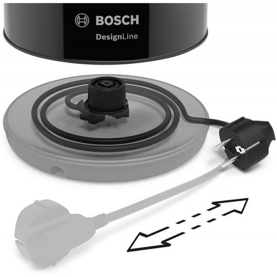 Чайники, термопоты: Чайник BOSCH TWK3P423 2400 Вт, 1.7 л, DesignLine, нержавеющая сталь, цвет черный,  скрытый нагревательный элемент, фильтр от накипи фотографии