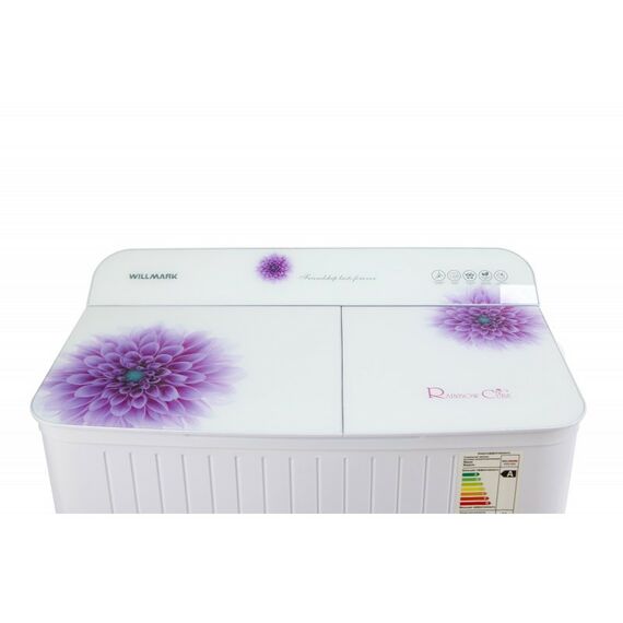 Стиральные машины: Стиральная машина WILLMARK WMS-85G полуавтомат, цвета: белое стекло - фиолетовые цветы фотографии