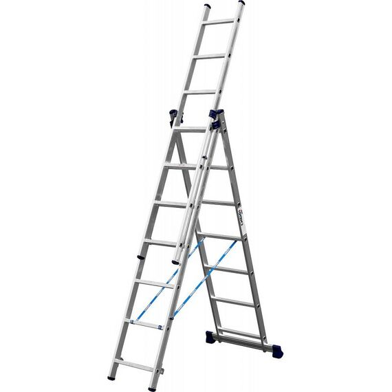 Стремянки и лестницы: Трехсекционная лестница СИБИН 38833-07 7 ступеней, со стабилизатором, алюминиевая фотографии