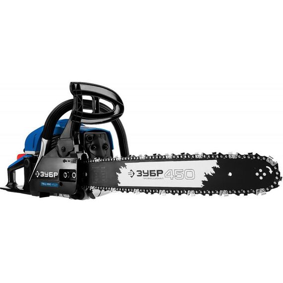 Бензопилы: Пила цепная бензиновая Зубр Профессионал ПБЦ-490 45ДП хромир. цилиндр, праймер, декомпрессионный клапан, 49 см3 (2.2 кВт), шина 45 см, 12500 об/мин фотографии