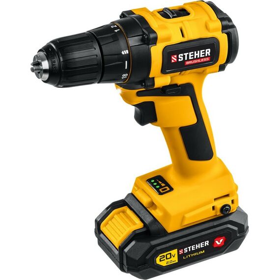 Дрели и шуруповерты: Дрель-шуруповерт STEHER CDB-200-1 20В, бесщёточная, 1 АКБ (2Ач), в кейсе фотографии