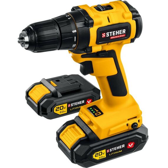 Дрели и шуруповерты: Дрель-шуруповерт STEHER CDB-200-2 20В, бесщёточная, 2 АКБ (2Ач), в кейсе фотографии