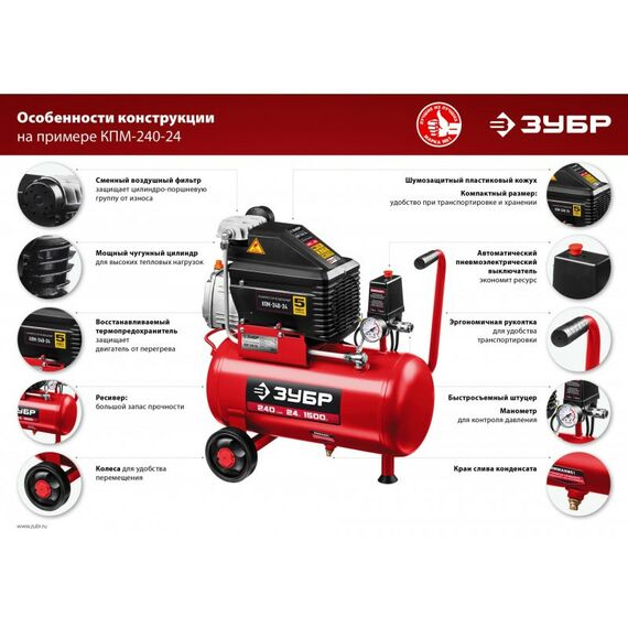 Компрессоры: Компрессор воздушный безмасляный с набором аксессуаров Зубр КП-200-24 Н6 200 л/мин, 24 л, 1500 Вт фотографии