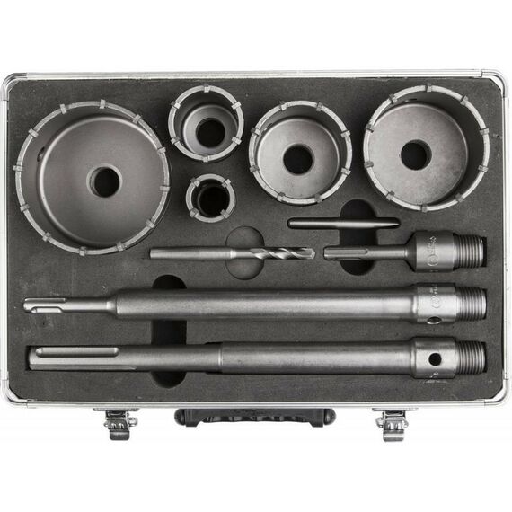 Наборы оснастки: Набор коронок по бетону с оснасткой Зубр Профессионал 29185-H10 d = 33, 50, 68, 82, 100 мм, кейс фотографии