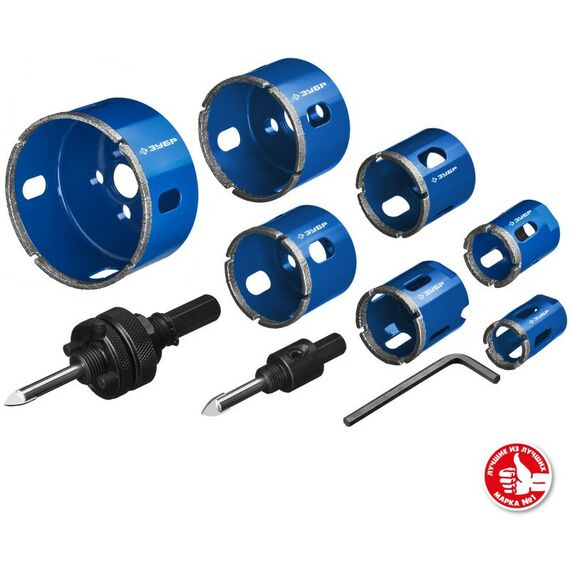 Наборы оснастки: Набор коронок алмазных с оснасткой Зубр Профессионал 29870-H7_z01 D=20, 25, 32, 35, 40, 50, 68 мм, 7 коронок фотографии