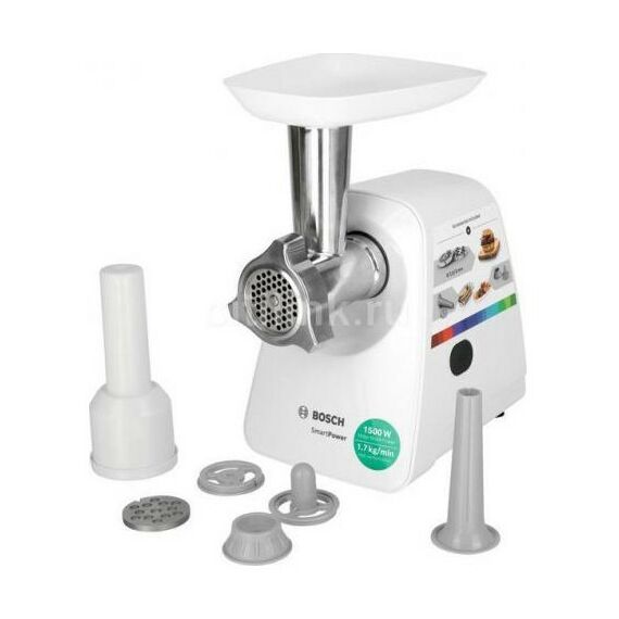 Мясорубки: Мясорубка BOSCH MFW2520W SmartPower, 350/1500 Вт, 2 форм диска, насадка для колбасок и кеббе фотографии