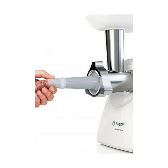 Мясорубки: Мясорубка BOSCH MFW2520W SmartPower, 350/1500 Вт, 2 форм диска, насадка для колбасок и кеббе фотографии