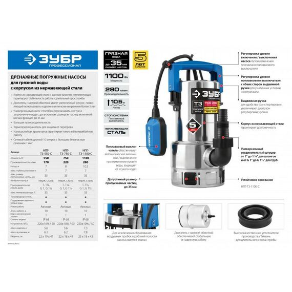 Насосы и насосные станции: Дренажный насос для грязной воды Зубр Профессионал НПГ-Т3-1100-С 1100 Вт, нерж. сталь фотографии