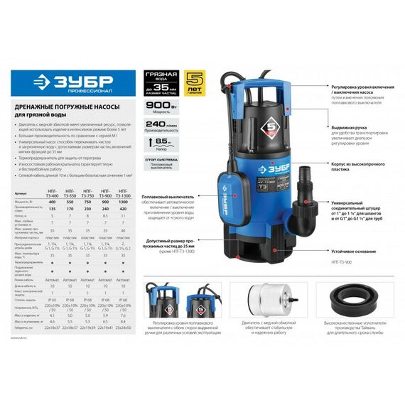 Насосы и насосные станции: Дренажный насос для грязной воды Зубр Профессионал НПГ-Т3-400 400 Вт фотографии
