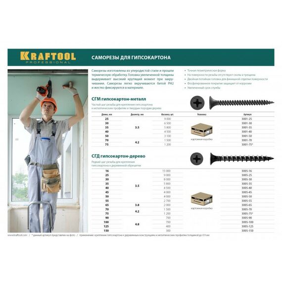 Саморезы: Саморезы СГМ гипсокартон-металл KRAFTOOL 75 х 4.2 мм 1 200 шт, фосфатированные [3001-75] фотографии