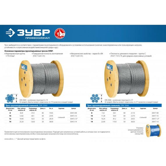Такелажный крепеж: Трос грузоподъемный стальной оцинкованный Зубр Профессионал d=12 мм, L=50 м DIN 3060 [30415-12] фотографии