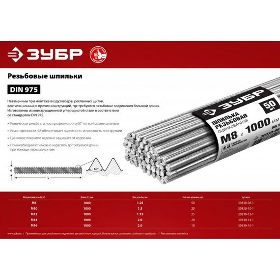 Метрический крепеж: Шпилька резьбовая Зубр М12x1000мм DIN 975, 25 шт, класс прочности 4.8, оцинкованная [30330-12-1] фотографии