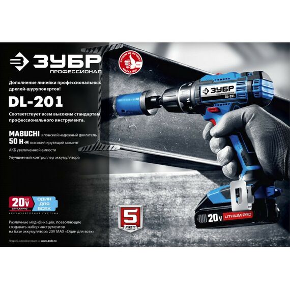 Дрели и шуруповерты: Дрель-шуруповерт Зубр Профессионал DL-201-22 20В, 2 АКБ (2Ач), в кейсе фотографии