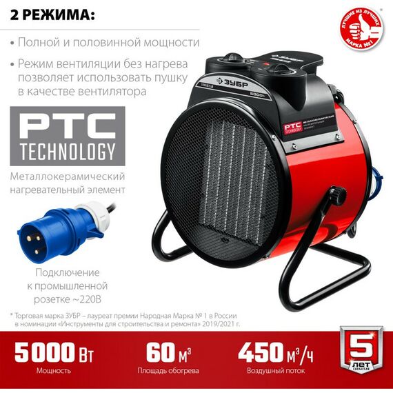 Тепловые пушки: Электрическая тепловая пушка Зубр ТПК-5Р 5 кВт, МКН фотографии