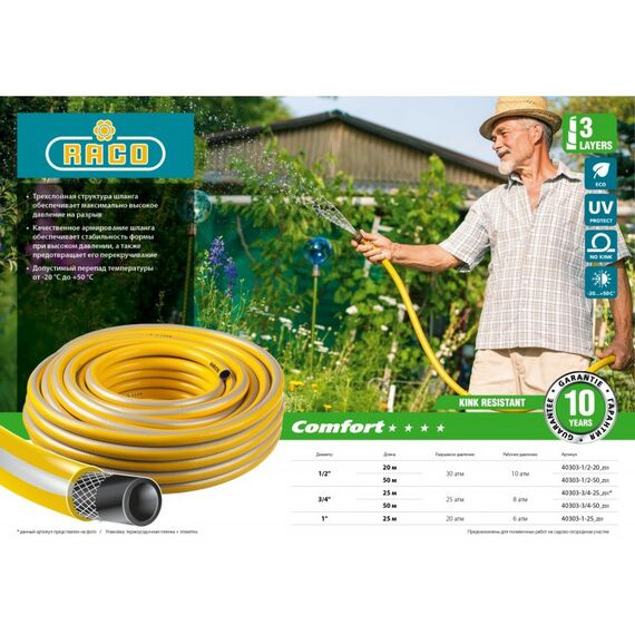 Шланги, системы водопровода и автополива:  RACO COMFORT 3/4" 25 м 25 атм трёхслойный армированный [40303-3/4-25_z01] фотографии