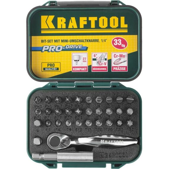 Наборы оснастки: Набор бит с мини трещоткой KRAFTOOL EXPERT 26157-H33 1/4", 33 предмета фотографии