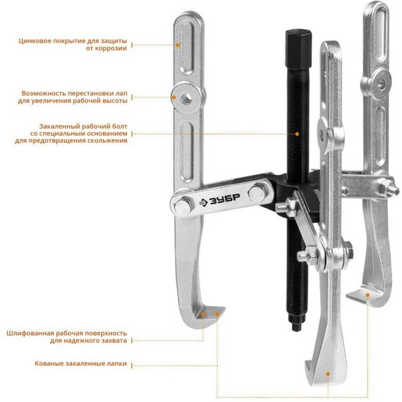 Демонтажный инструмент: Съемник шарнирный 3-захватный с удлиненными захватами Зубр Профессионал 240 мм [43319-240] фотографии