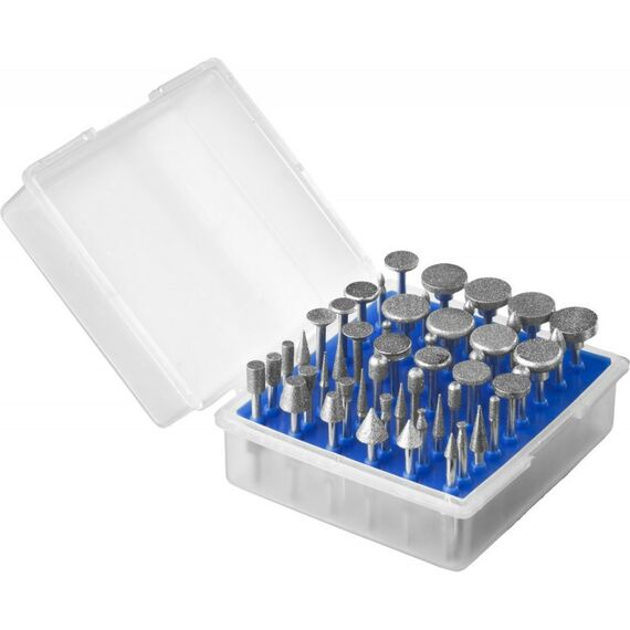 Прямошлифовальные машины (граверы): Набор мини-насадок с алмазным напылением Зубр Профессионал 33383-H50 в пластиковом боксе, Р 180, хвостовик 3мм, 50 предметов фотографии