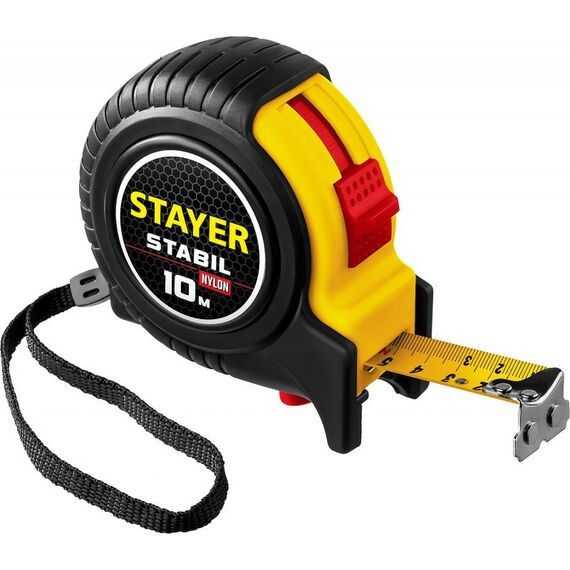 Рулетки, курвиметры: Профессиональная рулетка в ударостойком обрезиненном корпусе с двумя фиксаторами STAYER STABIL 10м / 25мм [34131-10_z02] фотографии