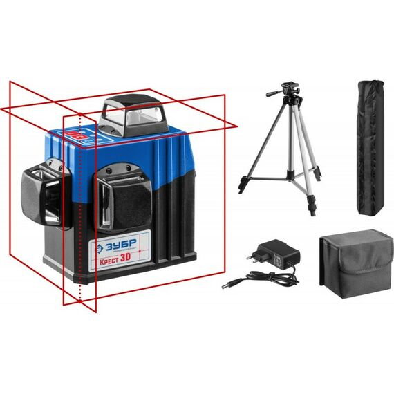 Нивелиры: Нивелир лазерный Зубр КРЕСТ 3D №2 3х360°, 20м/70м, точн. +/-0.3 мм/м, штатив [34908-2] фотографии