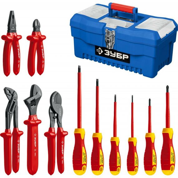 Диэлектрический инструмент: Набор: Губцевый инструмент, диэлектрический, высоковольтный Зубр Профессионал 2214-H12 до ~1000В, маслобензостойкая рукоятка, 12 предметов [2214-H12_z01] фотографии