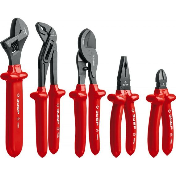 Диэлектрический инструмент: Набор: Губцевый инструмент, диэлектрический, высоковольтный Зубр Профессионал 2214-H12 до ~1000В, маслобензостойкая рукоятка, 12 предметов [2214-H12_z01] фотографии