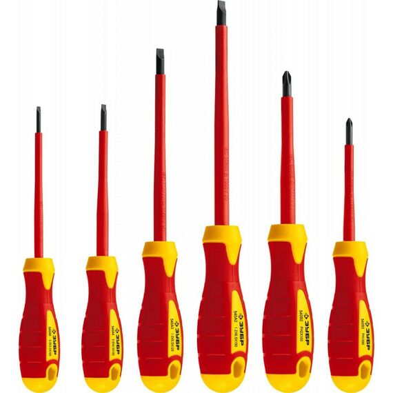 Диэлектрический инструмент: Набор: Губцевый инструмент, диэлектрический, высоковольтный Зубр Профессионал 2214-H12 до ~1000В, маслобензостойкая рукоятка, 12 предметов [2214-H12_z01] фотографии