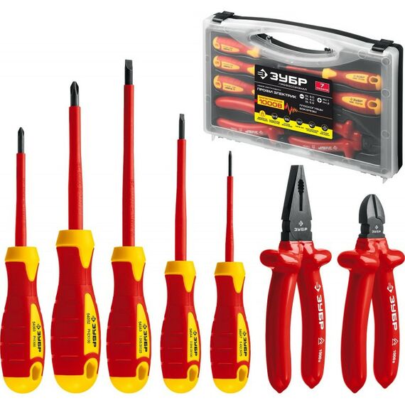 Диэлектрический инструмент: Набор Зубр Профессионал 2214-H7 губцевый инструмент, диэлектрический, высоковольтный до ~1000В, маслобензостойкая рукоятка, 7 предметов [2214-H7_z01] фотографии
