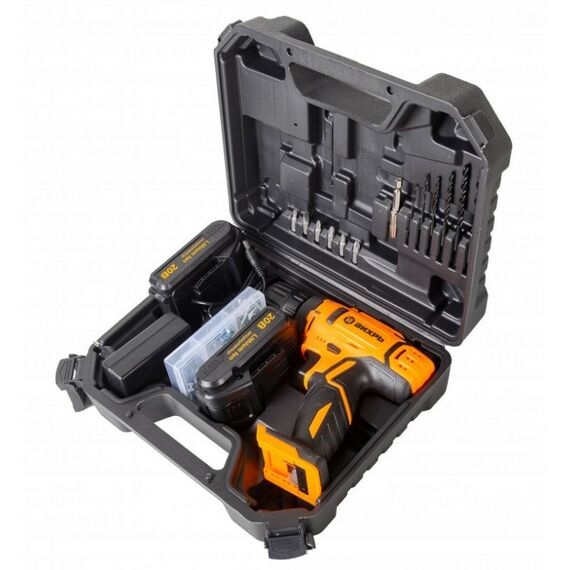 Дрели и шуруповерты: Дрель-шуруповерт аккумуляторная Вихрь ДА-20Л-2КА безударный, быстрозажимной, 400/1400 об/мин, 42/22 Нм, 20 В, 1.5 А*ч, 2.5 кг, кейс, с набором оснастки 65 предметов [72/14/36] фотографии