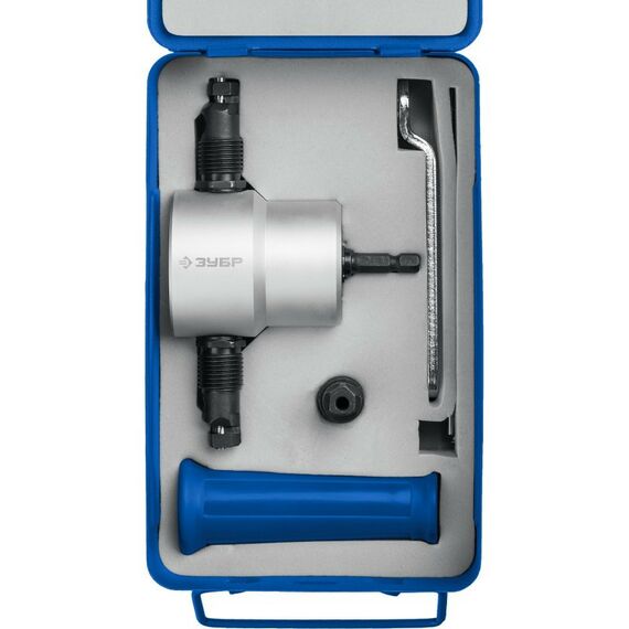 Ножницы по металлу: Насадка-ножницы Зубр СВЕРЧОК для реза листового металла + запчасти, в металл. кейсе [23294] фотографии