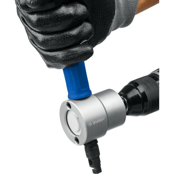 Ножницы по металлу: Насадка-ножницы Зубр СВЕРЧОК для реза листового металла + запчасти, в металл. кейсе [23294] фотографии