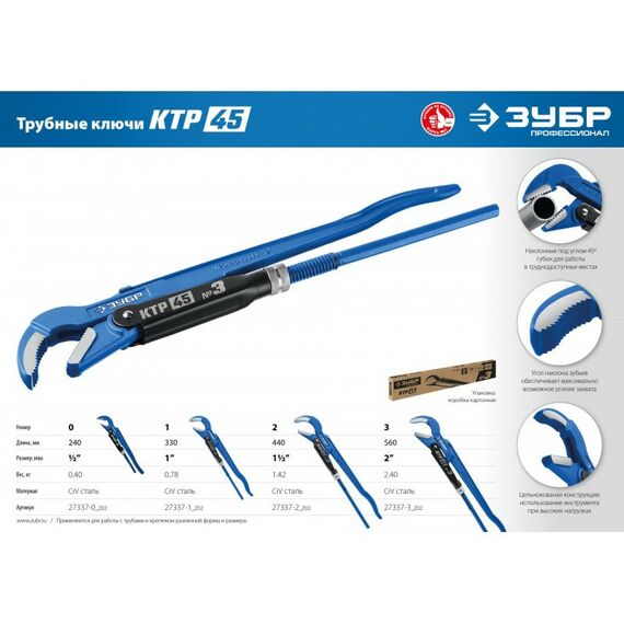 Столярно-слесарный инструмент: Ключ трубный Зубр КТР-45 №3 изогнутые губки [27337-3_z02] фотографии