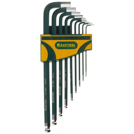 Наборы инструментов и ключи: Набор ключей имбусовых KRAFTOOL INDUSTRIE 27445-H9 длинные, шарик, Cr-Mo сталь (S2), хром покрыт с противоскользящим напылением, HEX1, 5-10мм, 9шт фотографии