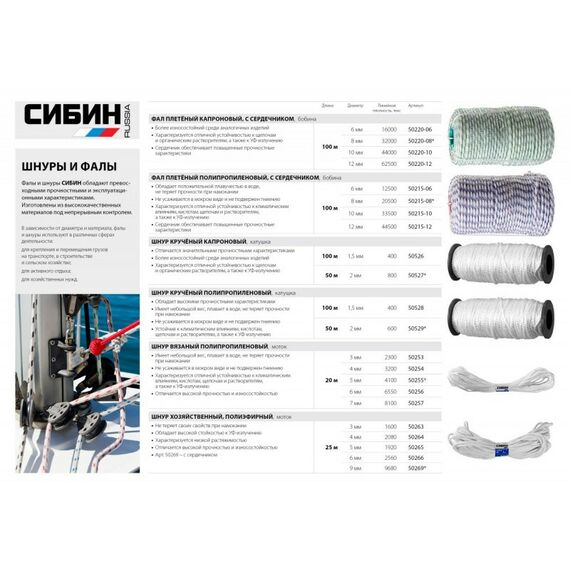 Лебедки, тали, тельферы: Фал плетёный полипропиленовый СИБИН 50215-10 24-прядный с полипропиленовым сердечником, диаметр 10 мм, бухта 100 м, 700 кгс фотографии