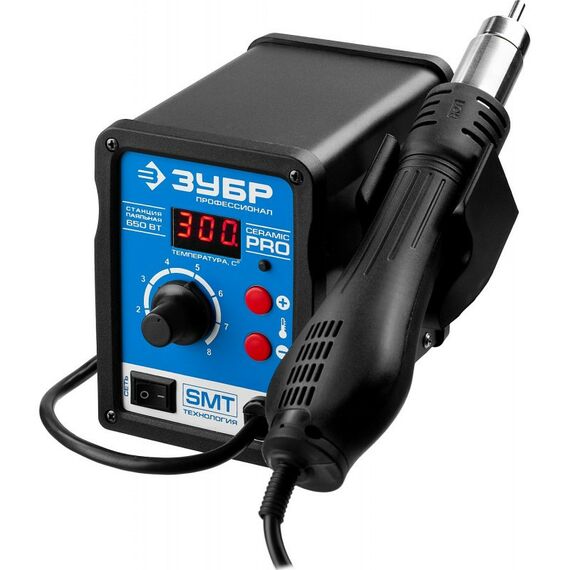 Паяльное оборудование: Термовоздушная паяльная станция Зубр ПСТ-650 цифровая 650Вт, 100-500°C, 120 л/мин, 3 насадки, керамический нагреватель [55350] фотографии