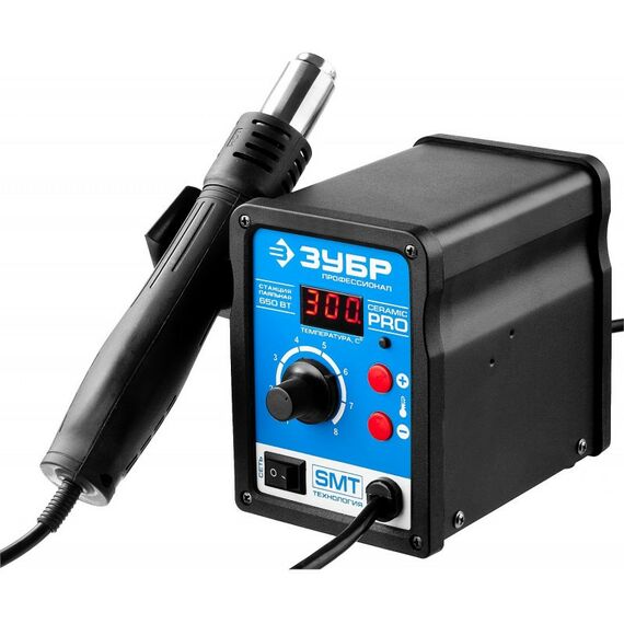 Паяльное оборудование: Термовоздушная паяльная станция Зубр ПСТ-650 цифровая 650Вт, 100-500°C, 120 л/мин, 3 насадки, керамический нагреватель [55350] фотографии