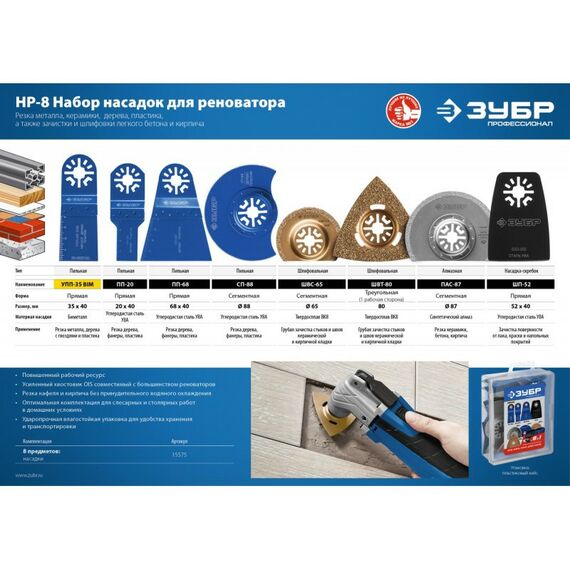 Мультитулы (реноваторы): Набор насадок для реноватора Зубр Профессионал НР-8 8 предметов [15575] фотографии