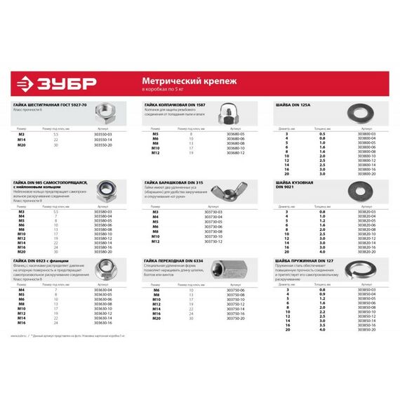 Метрический крепеж: Гайка Зубр M6 ГОСТ 5927-70, 5 кг, кл. пр. 6, оцинкованная [303550-06] фотографии