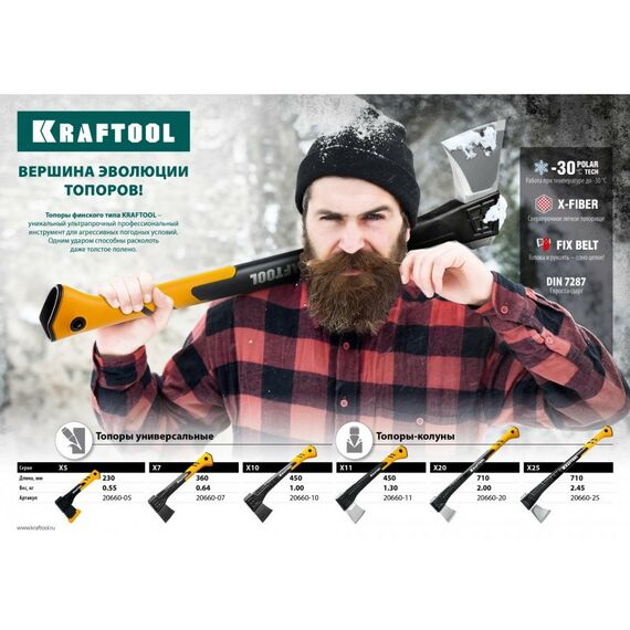 Топоры, колуны: Универсальный топор KRAFTOOL X7 640/715 г в чехле, 360 мм [20660-07] фотографии