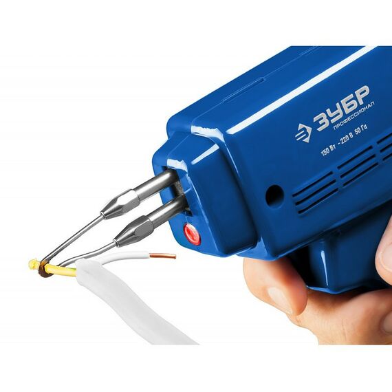 Паяльное оборудование: Импульсный паяльник в наборе Зубр 55412-H4 150Вт, нагрев 6 сек., канифоль, припой, 2 сменных жала, в кейсе фотографии