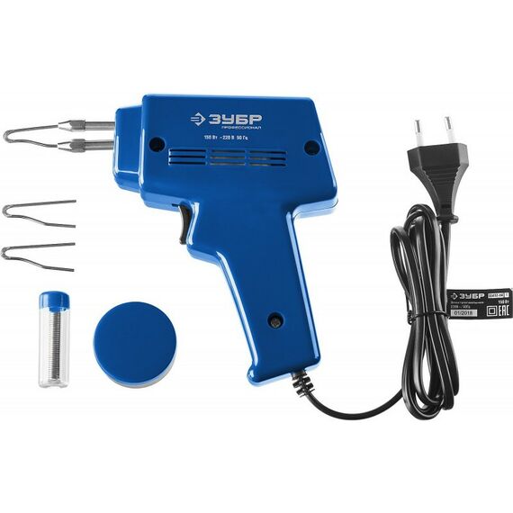 Паяльное оборудование: Импульсный паяльник в наборе Зубр 55412-H4 150Вт, нагрев 6 сек., канифоль, припой, 2 сменных жала, в кейсе фотографии