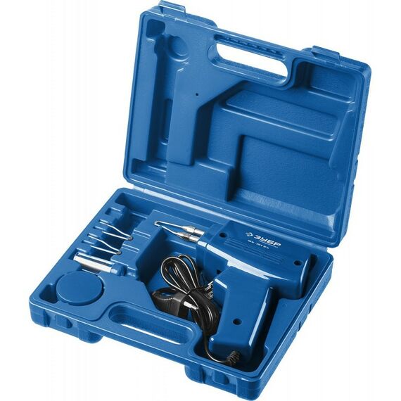 Паяльное оборудование: Импульсный паяльник в наборе Зубр 55412-H4 150Вт, нагрев 6 сек., канифоль, припой, 2 сменных жала, в кейсе фотографии