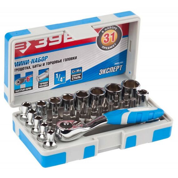 Наборы оснастки: Набор оснастки Зубр ЭКСПЕРТ 26054-H31 биты 16шт, торцов головки с мини трещоткой 12шт, адаптер для бит SQ 1/4"хHex 1/4", удлинит 1/4"/80мм фотографии