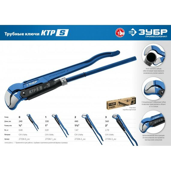 Столярно-слесарный инструмент: Ключ трубный Зубр КТР-S №3 изогнутые губки [27336-3_z02] фотографии